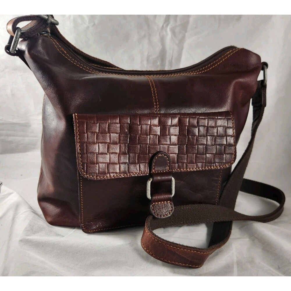 Jack Georges Voyager Crossbody Hobo Bag Brown Basket Weave Buffalo Leather